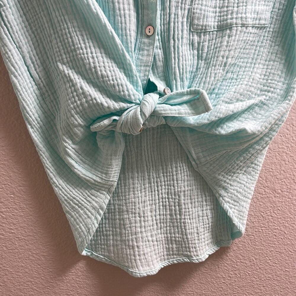 H). Self Esteem Button Down Shirt Short Roll Up Sleeve Teal Blue Medium - Picture 3 of 14